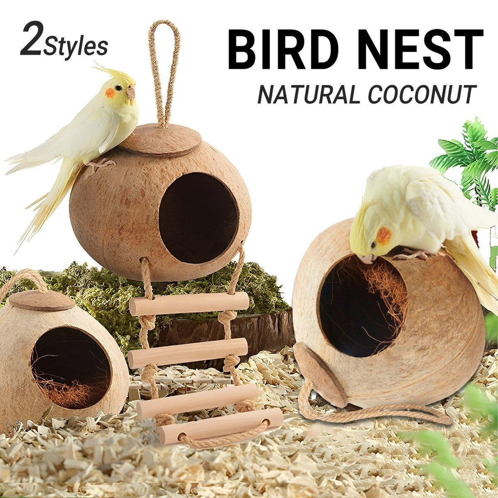 Natural Coconut Bird Nest Cage Pet Parrot Parakeet Safe Hut Feeder Shell Home - Rope type