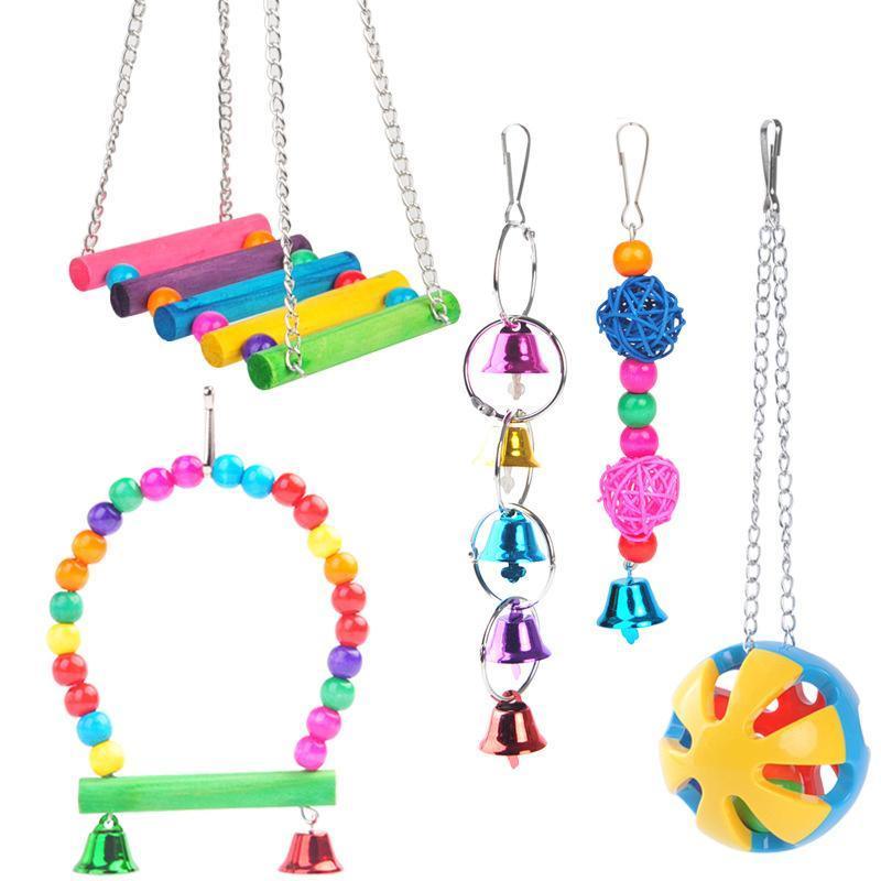 5PCS Hanging Parrot Toys Set with Swings and Ladders for Budgies Cockatiels Cages