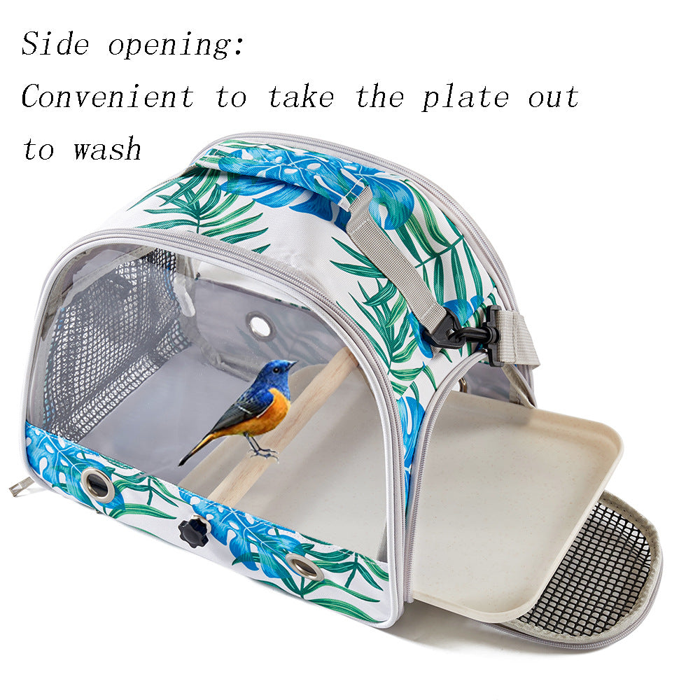 Stylish Leaf Print Clear View Bird Carrier - Portable Travel Cage with Perch & Tray for Parrots, Cockatiels & Small Pets