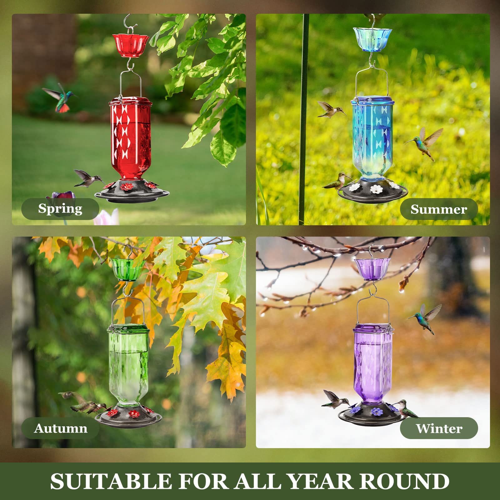 Elegant Hanging Hummingbird Feeder - Decorative Glass Nectar Bottle with Ant Moat, 6 Feeding Ports(Purple)