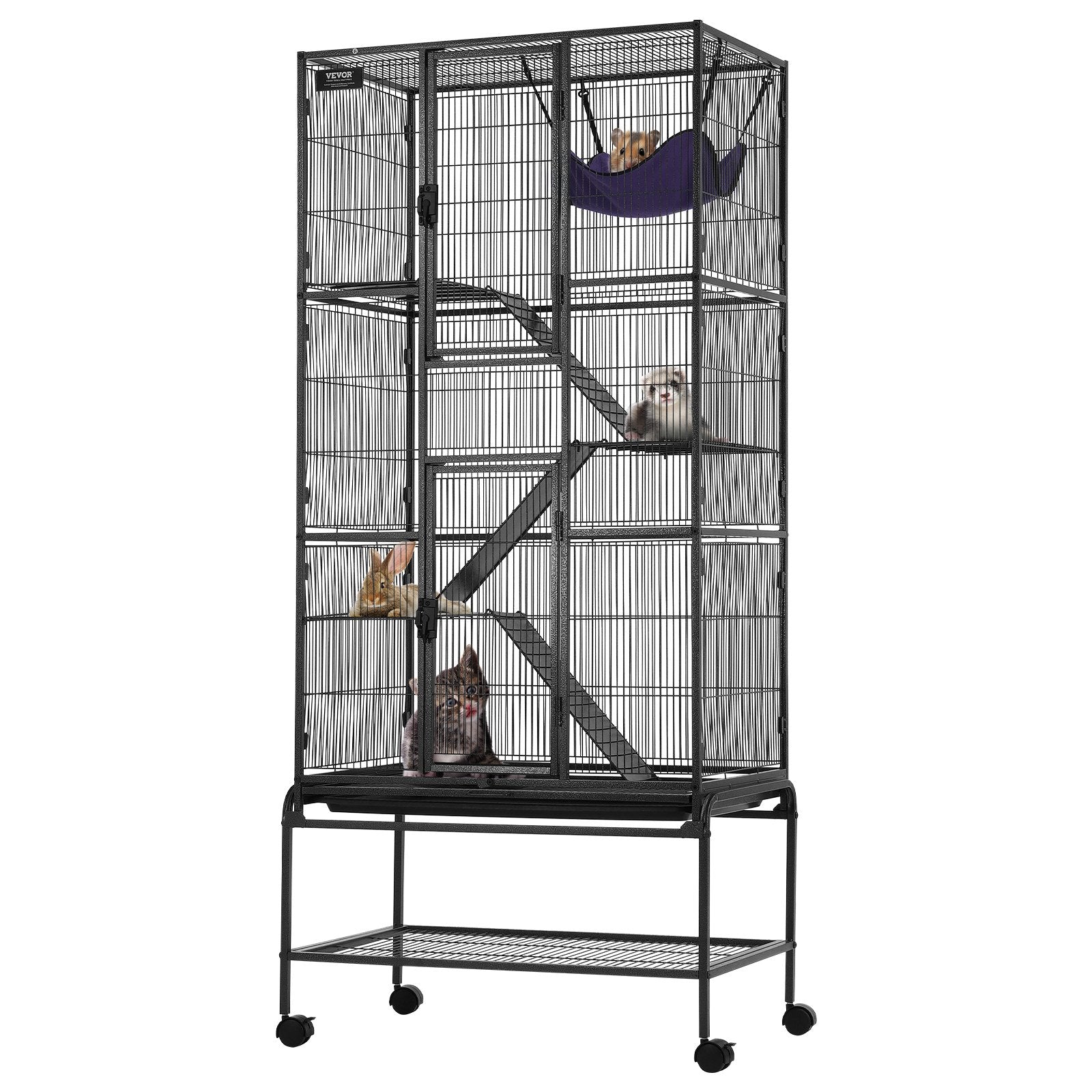 VEVOR 69 Metal Small Animal Cage 4-Tier Rolling Ferret Cage with Tray 3 Ramps"