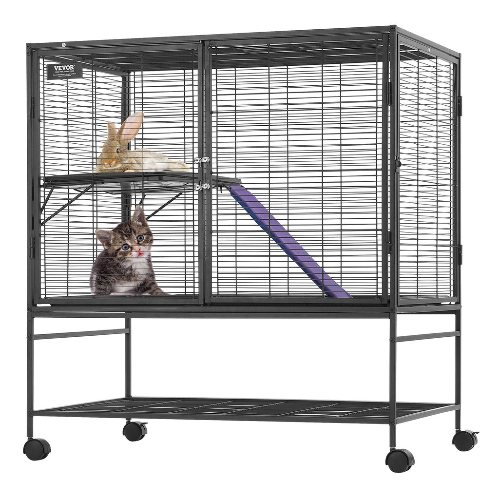 VEVOR 39 Metal Small Animal Cage 2-Tier Rolling Ferret Cage with Tray A Ramp"