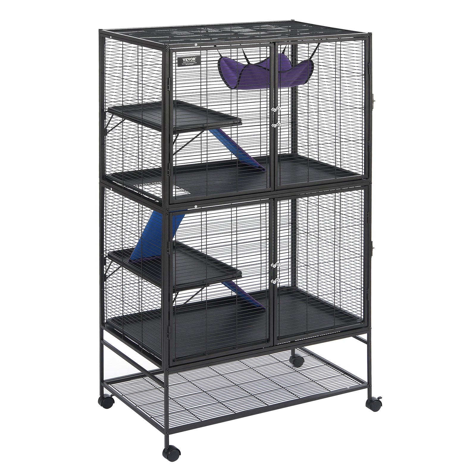 VEVOR 64.6" Metal Small Animal Cage 4-Tier Rolling Ferret Cage with Tray 3 Ramps