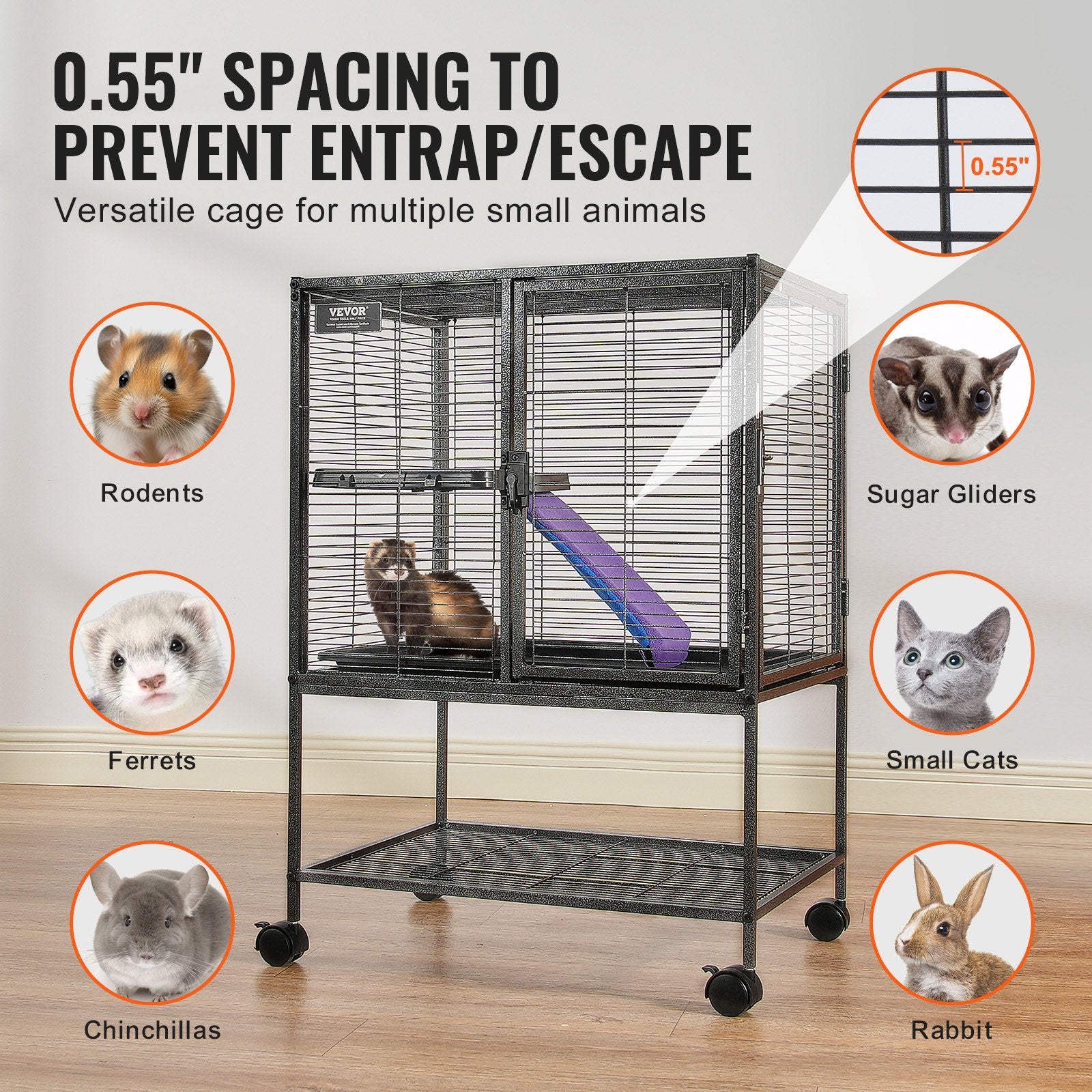 VEVOR 34" Metal Small Animal Cage 2-Tier Rolling Ferret Cage with Tray A Ramp