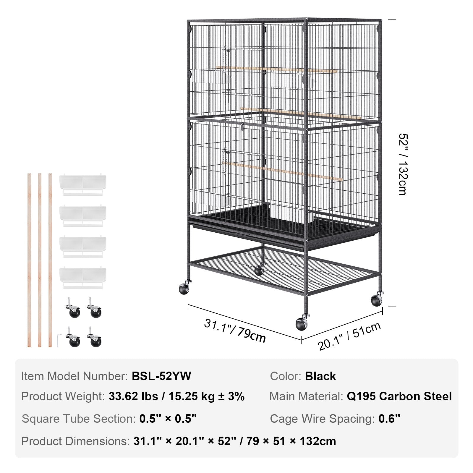VEVOR 52 inch Standing Large Bird Cage, Carbon Steel Flight Bird Cage for Parakeets, Cockatiels, Parrots, Macaw with Rolling Stand and Tray